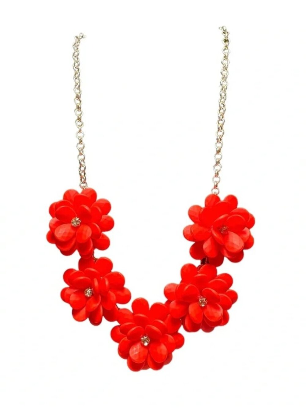 Crewcuts J. Crew Coral Neon Floral Statement Necklace Gold Tone Rhinestone